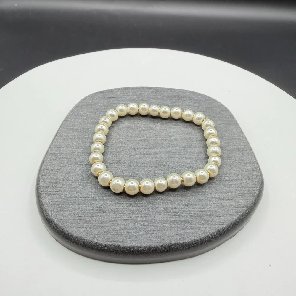 Faux Pearl Gold Tone Spacer Bead Stretch Bracelet Cream Classic Bridal Jewelry
